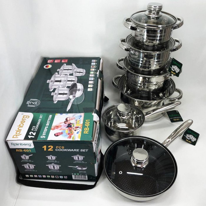 Набір посуду Rainberg RB-601 (12 предметів) з нержавіючої сталі, каструлі з нержавіючої сталі