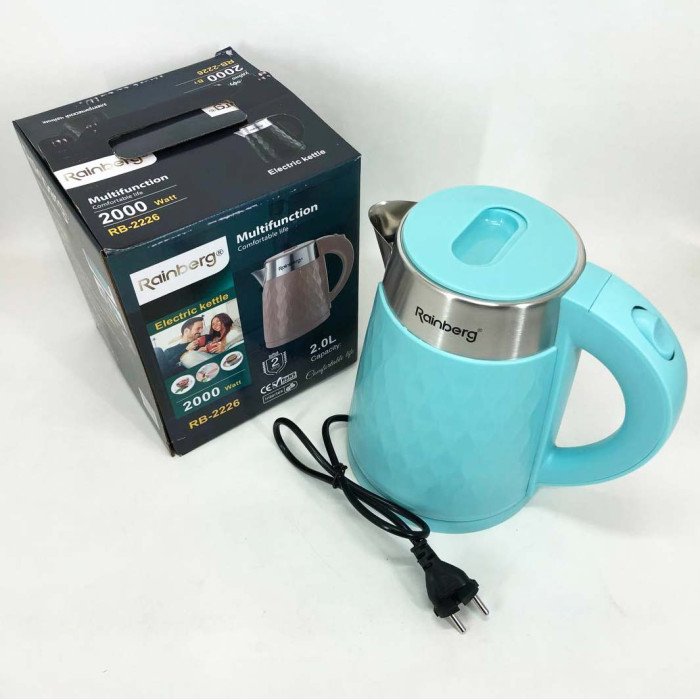 Чайник електричний Rainberg RB-2226BR із нержавіючої сталі 2000Вт 2л, безшумний чайник. Колір: блакитний