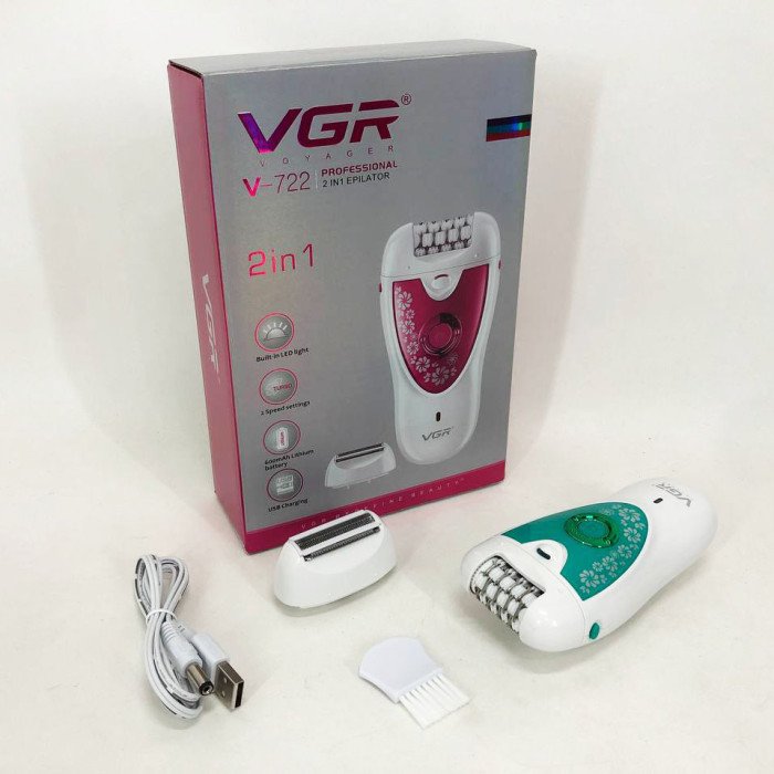 Епілятор VGR V-722 акумуляторний 2 швидкості 32 пінцети з насадками, депілятор для волосся. Колір: зелений
