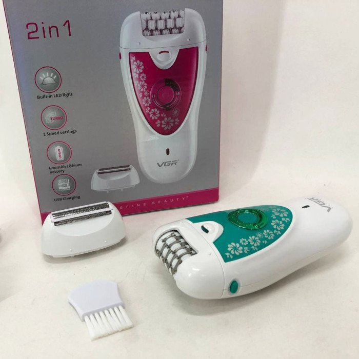 Епілятор VGR V-722 акумуляторний 2 швидкості 32 пінцети з насадками, депілятор для волосся. Колір: зелений