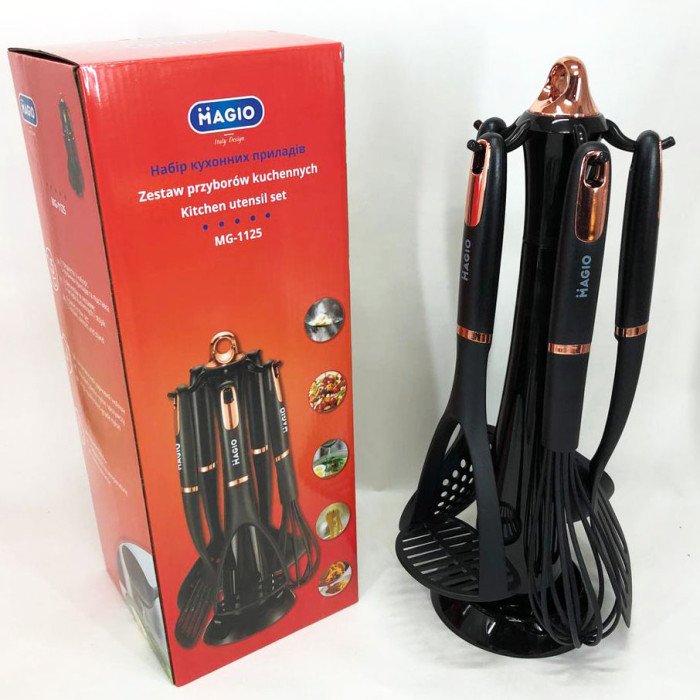 Набір кухонних приладів Magio MG-1125, набір поварешок на підставці, набір силіконових приладів для кухні