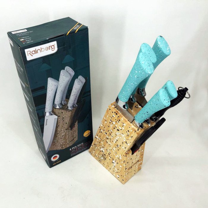 Набір ножів Rainberg RB-8806 на 8 предметів з ножицями та підставкою з нержавіючої сталі. Колір: блакитний