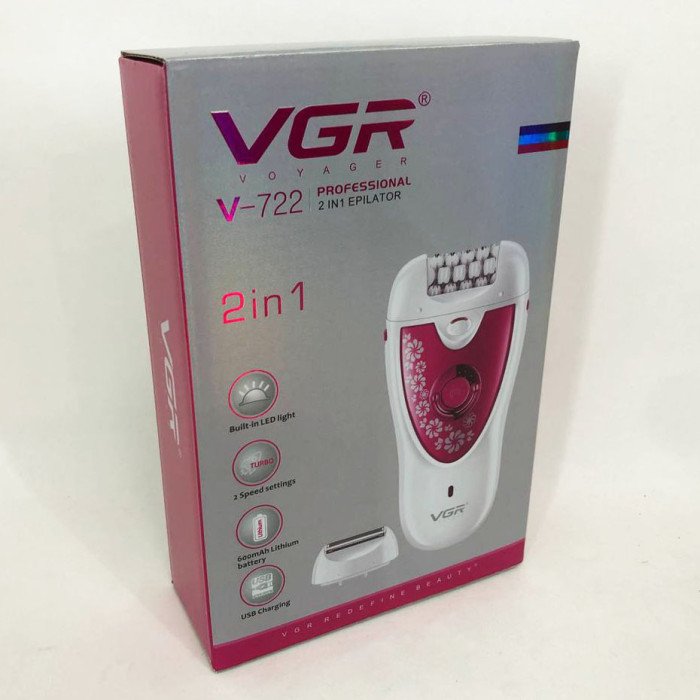 Епілятор VGR V-722 акумуляторний 2 швидкості 32 пінцети з насадками, депілятор для волосся. Колір: зелений