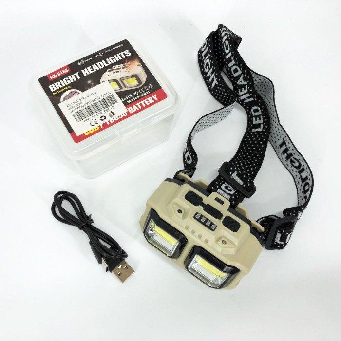 Ліхтар налобний акумуляторний Bailong HX-816S 2COB(white+red) із сенсорним датчиком вологозахист