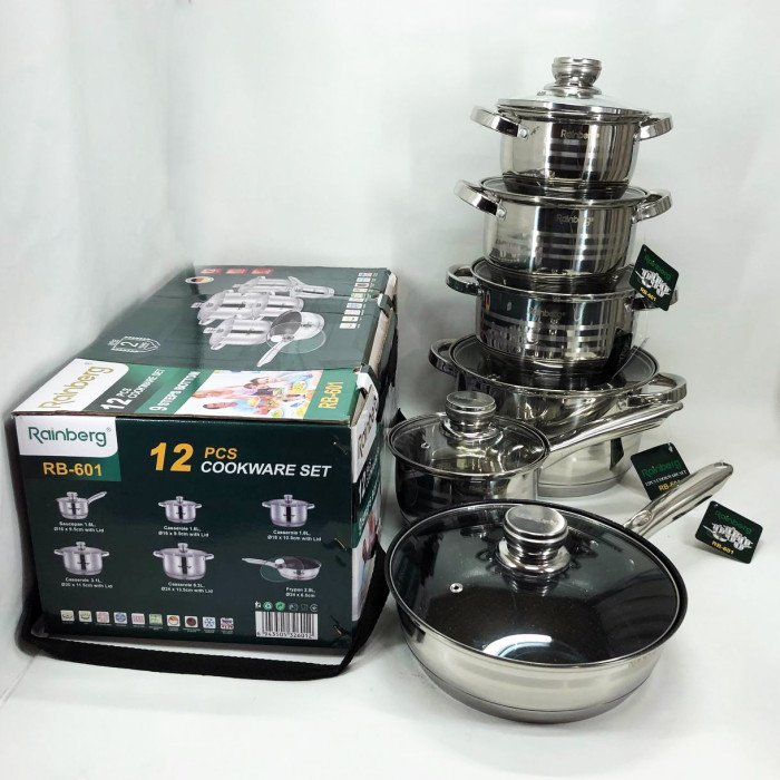 Набір посуду Rainberg RB-601 (12 предметів) з нержавіючої сталі, каструлі з нержавіючої сталі