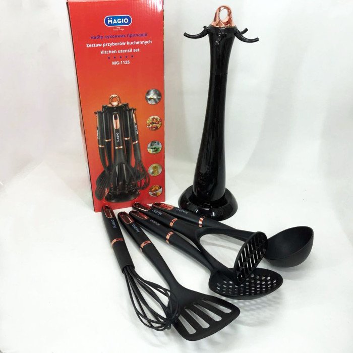 Набір кухонних приладів Magio MG-1125, набір поварешок на підставці, набір силіконових приладів для кухні