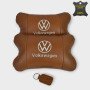 Набір подушок 2шт для автомобіля Volkswagen, з натуральної коричневої шкіри. Подушки на підголовник