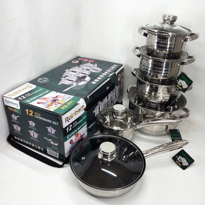 Набір посуду Rainberg RB-601 (12 предметів) з нержавіючої сталі, каструлі з нержавіючої сталі
