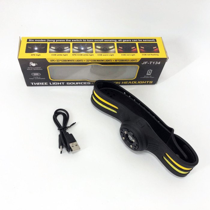 Ліхтар налобний T134-XPE-4COB (white+yellow+red) Motion Sensor, налобний ліхтарик із usb зарядкою