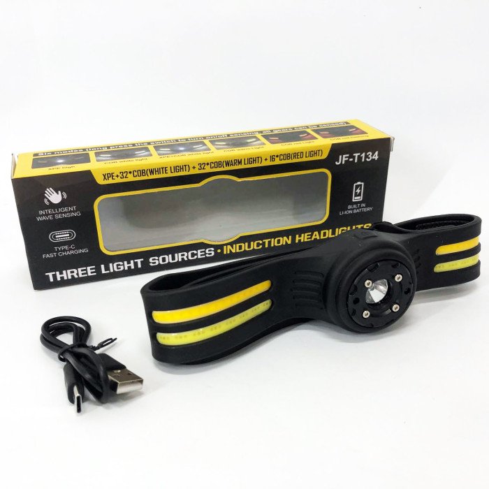 Ліхтар налобний T134-XPE-4COB (white+yellow+red) Motion Sensor, налобний ліхтарик із usb зарядкою