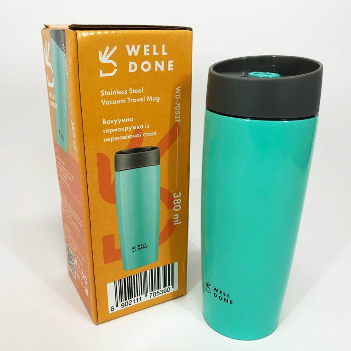 Термокухоль Well Done WD-7053T вакуумний 380 мл, Термос для дитини до школи. Колір: блакитний