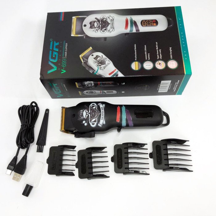 Машинка для стрижки волосся та бороди професійна VGR V-699 B з насадками та LED дисплеєм. Колір: чорний
