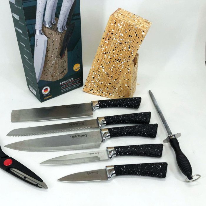 Набір ножів Rainberg RB-8806 на 8 предметів з ножицями та підставкою з нержавіючої сталі. Колір: чорний