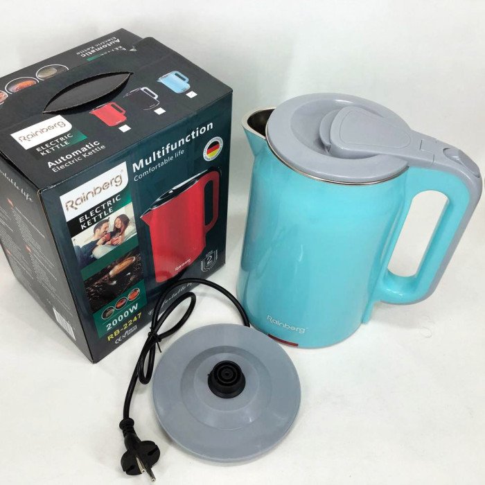 Чайник електричний Rainberg RB-2247 2000Вт 2 л, тихий електричний, безшумний чайник. Колір: блакитний