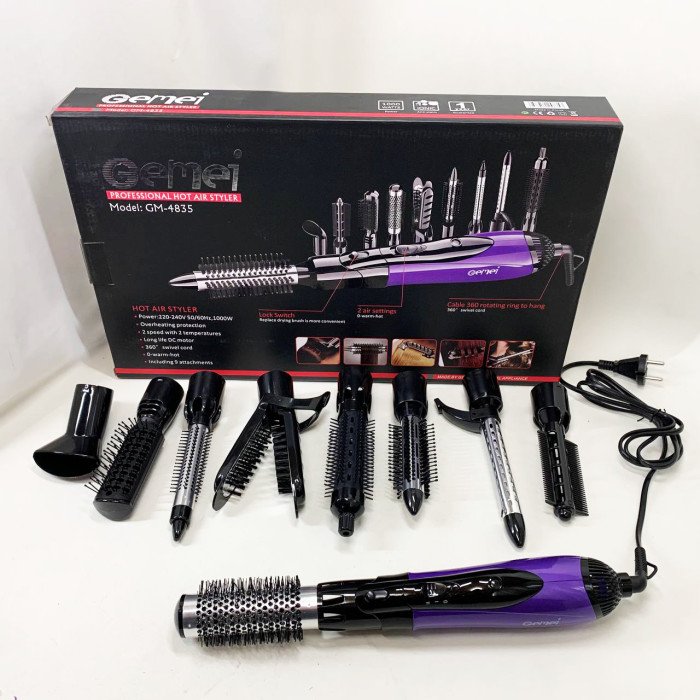 Фен - щітка стайлер Gemei GM-4835 багатофункціональний набір з насадками для волосся 10 в 1. Колір: фіолет