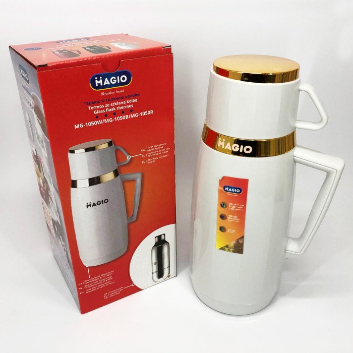 Термос Magio MG-1050W зі скляною колбою, Хороший невеликий термос для питної води. Колір: білий