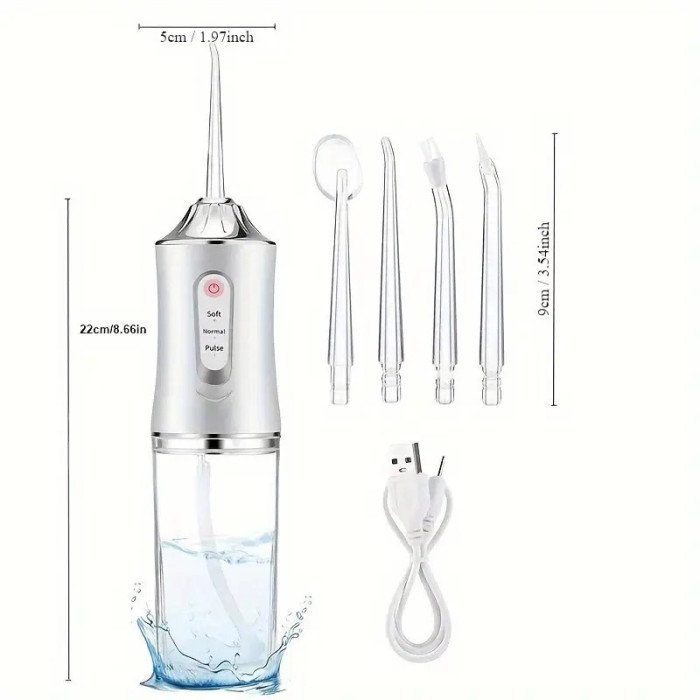 Іригатор для чищення зубів та порожнини рота Oral Irrigator з акумулятором та змінними насадками. Колір: білий