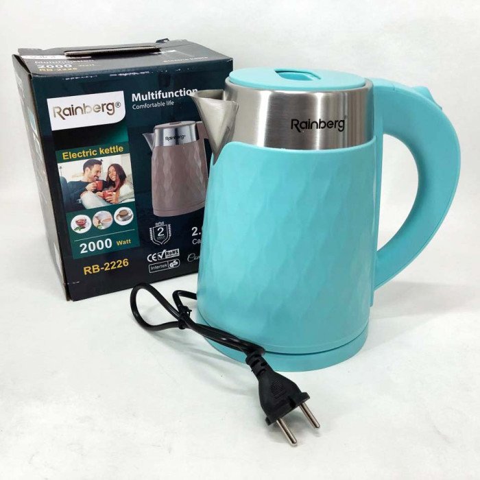 Чайник електричний Rainberg RB-2226BR із нержавіючої сталі 2000Вт 2л, безшумний чайник. Колір: блакитний