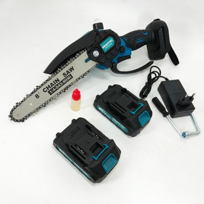 Акумуляторна ланцюгова міні пила 20 см у кейсі Krafftec (36V 4 Ач) + 2 акумулятори та індикатором заряду