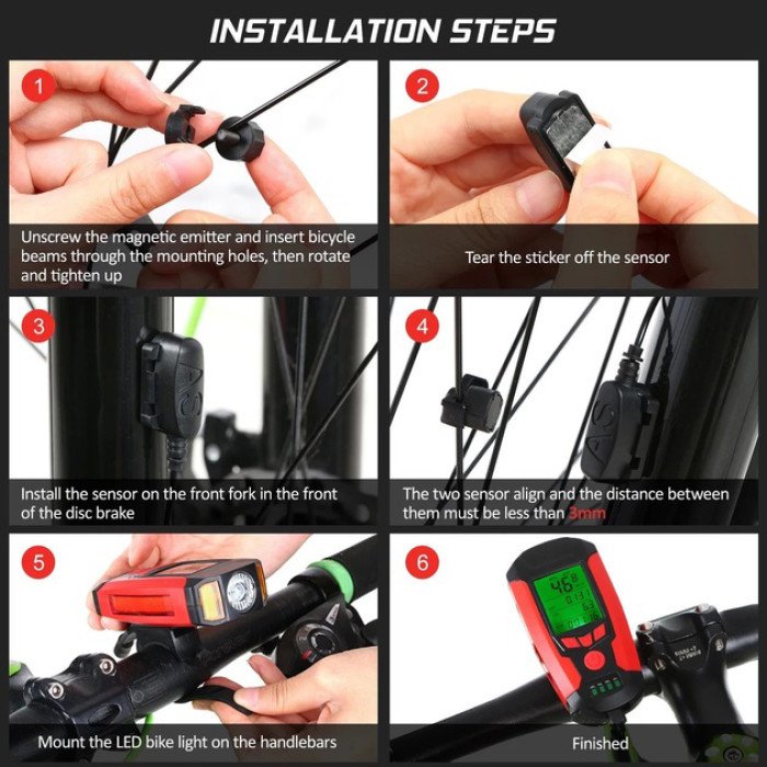 Велофара з комп'ютером та сигналом AS0808-XPG+2LED(yellow)+2COB(red), виносна кнопка