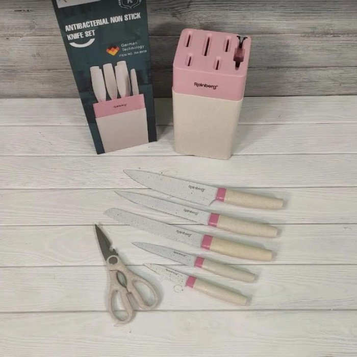 Набір кухонних ножів Rainberg RB-8808 на підставці, 7 предметів. Колір: білий