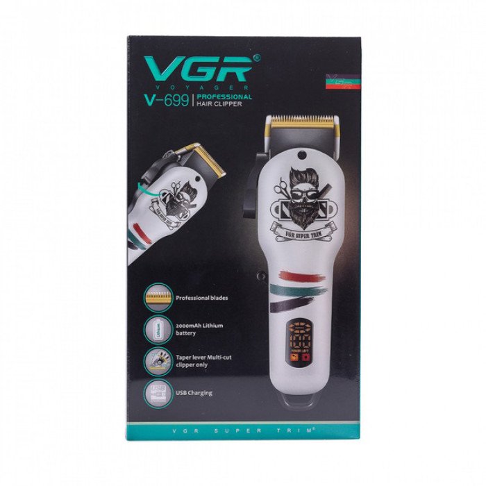 Машинка для стрижки волосся та бороди професійна VGR V-699 B з насадками та LED дисплеєм. Колір: білий