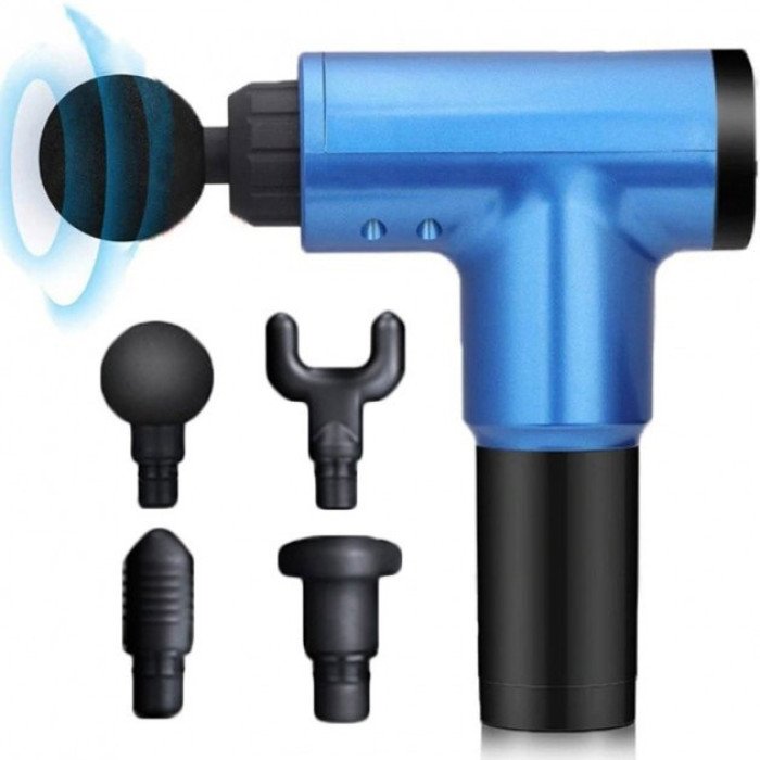 Акумуляторний масажер Fascial Gun KH-320 портативний ручний ударний м'язовий пістолет 4 насадки синій