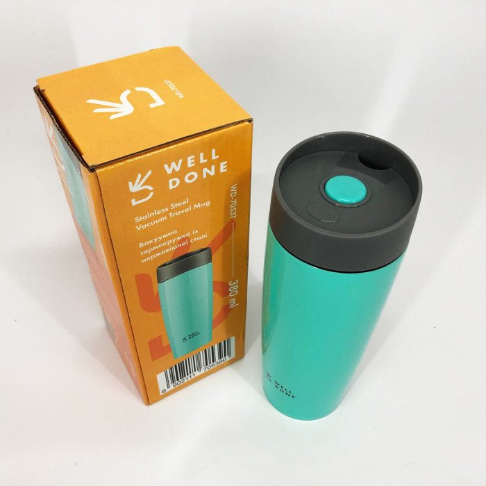 Термокухоль Well Done WD-7053T вакуумний 380 мл, Термос для дитини до школи. Колір: блакитний