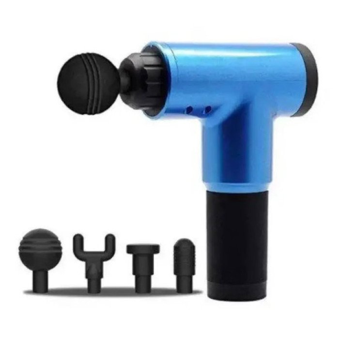 Акумуляторний масажер Fascial Gun KH-320 портативний ручний ударний м'язовий пістолет 4 насадки синій