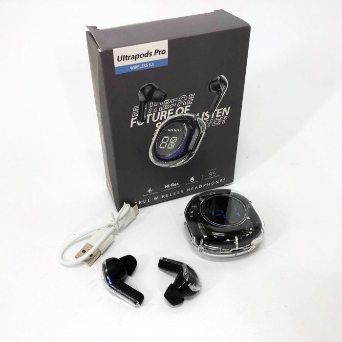 Бездротові навушники TWS T8 PRO з прозорим кейсом Вакуумний LED дисплей Bluetooth 5.3. Колір: чорний