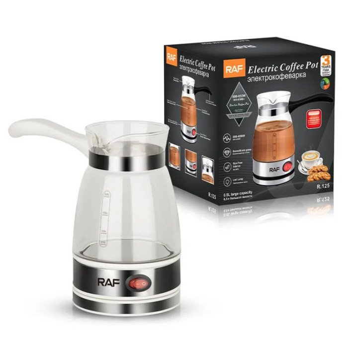 Електрична турка для кави RAF R.125 Кавоварка зі скляною чашею 500мл 600 Вт. Колір: білий