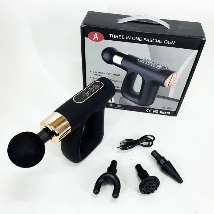 Ударний Перкусійний масажер для тіла та м'язів Масажний пістолет EM HB-007 акумуляторний чорний