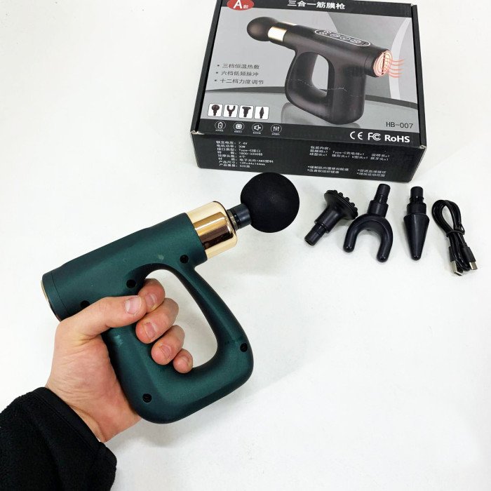 Ударний Перкусійний масажер для тіла та м'язів Масажний пістолет EM HB-007 акумуляторний зелений