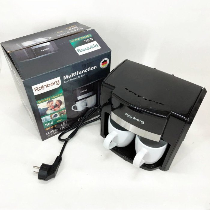 Кавоварка краплинна Rainberg RB-613 (0,3 л, 500 Вт) з двома керамічними чашками, маленька кофемашина
