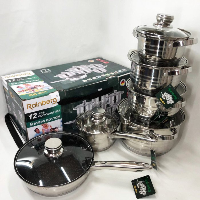 Набір посуду Rainberg RB-601 (12 предметів) з нержавіючої сталі, каструлі з нержавіючої сталі