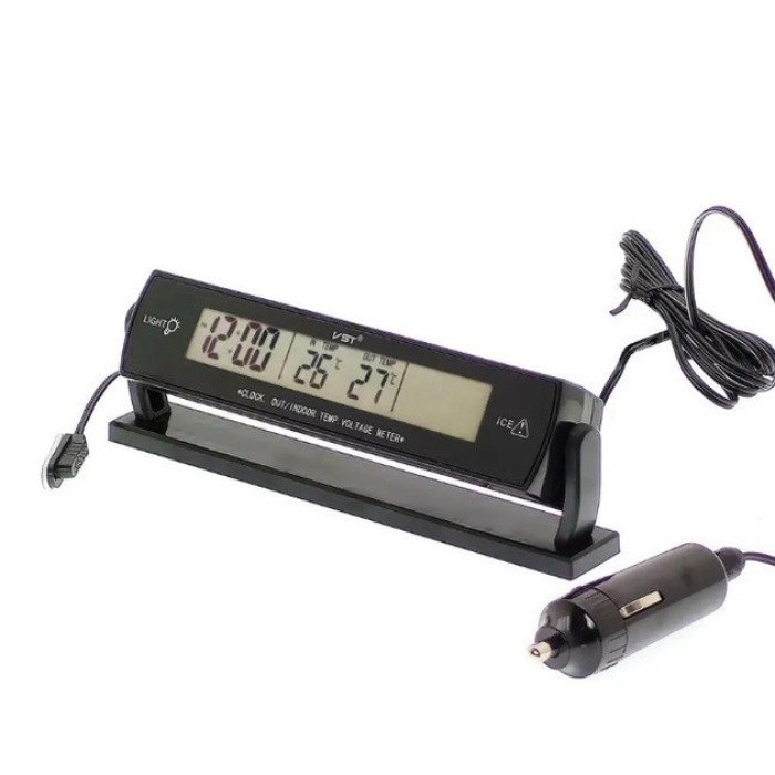 Автомобильные часы с подсветкой VST-7013V вольтметр, 2 термометра Авточасы с выносным термометром