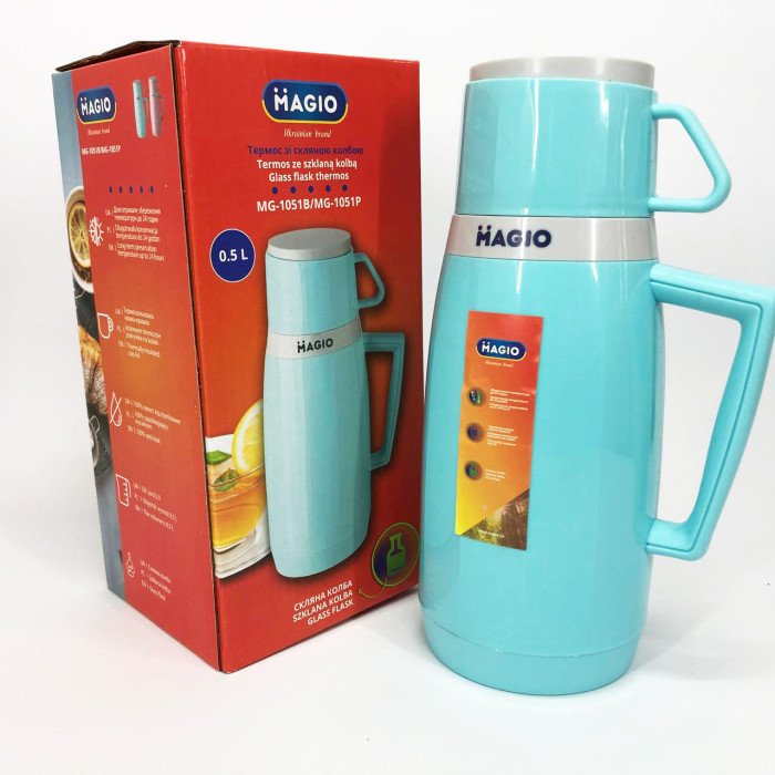Термос Magio MG-1051B зі скляною колбою, Хороший термос, Термос для води. Колір: блакитний