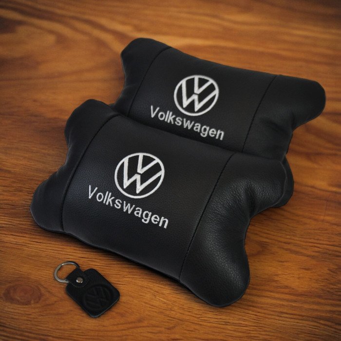 Набір подушок 2шт в авто Volkswagen з натуральної шкіри, на підголовник у машину, Автомобільна  подушка