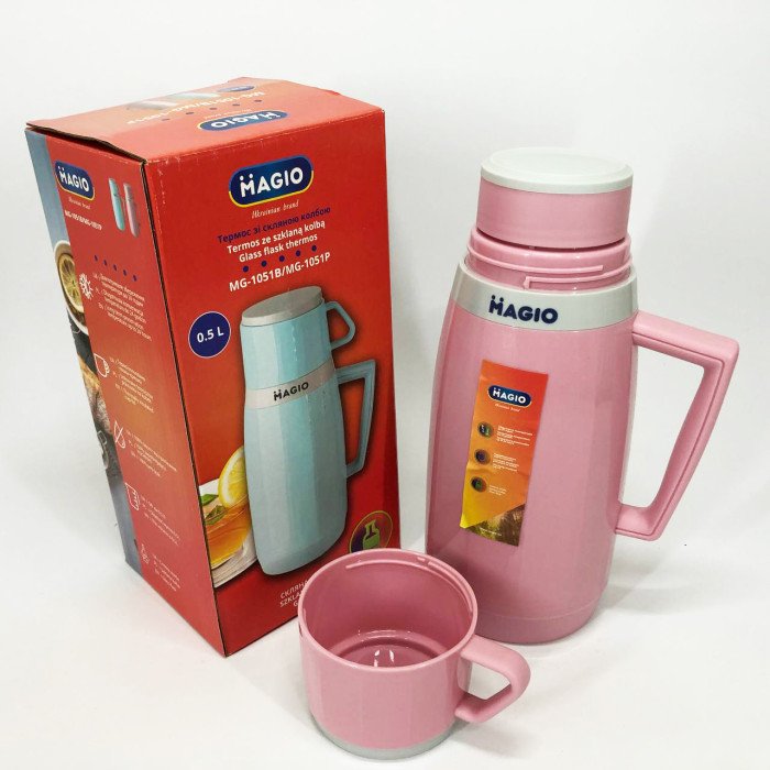 Термос Magio MG-1051P зі скляною колбою, Термос для питної води, термос для дому. Колір: рожевий