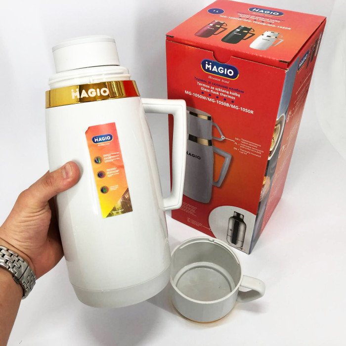 Термос Magio MG-1050W зі скляною колбою, Хороший невеликий термос для питної води. Колір: білий