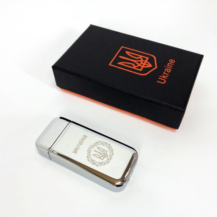 Дугова електроімпульсна запальничка USB Герб України індикатор заряду, ліхтарик HL-442. Колір: срібло