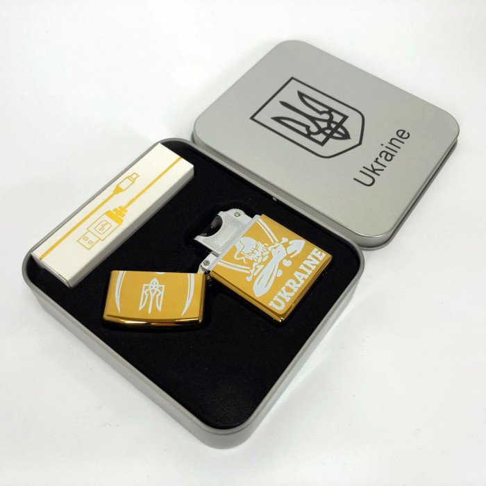 Дугова електроімпульсна запальничка USB Україна (металева коробка) HL-449. Колір: золотий