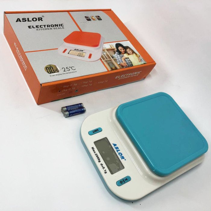 Ваги кухонні 109, 2 кг (0.1 г), термометр, електронні ваги для продуктів. Колір: блакитний
