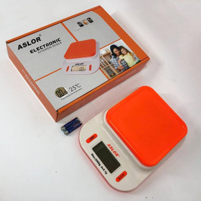 Ваги кухонні 109, 2 кг (0.1 г), термометр, електронні ваги для продуктів. Колір: помаранчевий