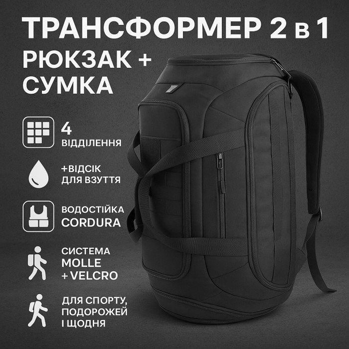 Тактична дорожня сумка-рюкзак 2 в 1 — зміцнена, універсальна чорна