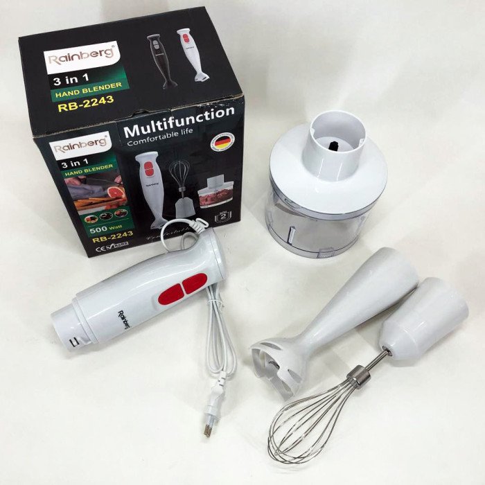 Блендер 3в1 Rainberg RB-2243 500W занурювальний блендер подрібнювач для молочних коктейлів. Колір: білий