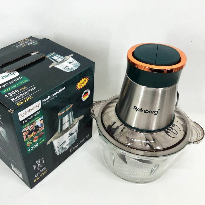 Блендер стаціонарний Rainberg RB-2201 кухонний подрібнювач 1300W чаша скляна на 2 л подвійне лезо чоппер