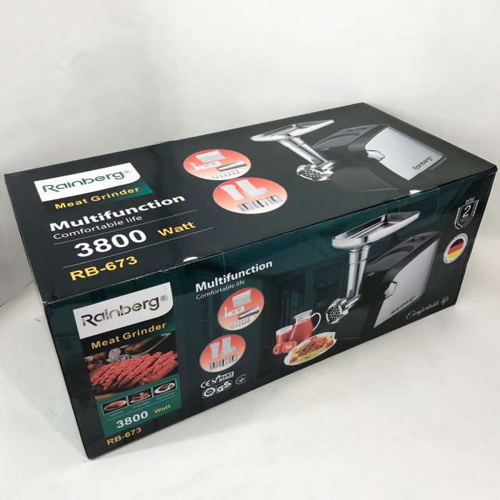 Електрична м'ясорубка Rainberg RB-673 із соковижималкою та шатківницею 9 насадок 3000W з реверсом