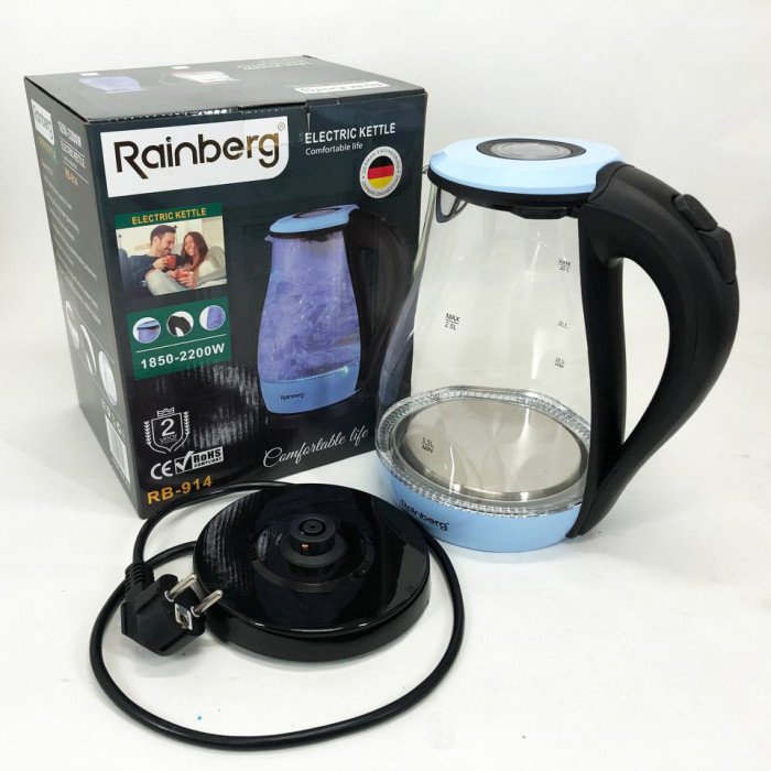 Чайник електричний скляний Rainberg RB-914, прозорий чайник з підсвічуванням. Колір: блакитний