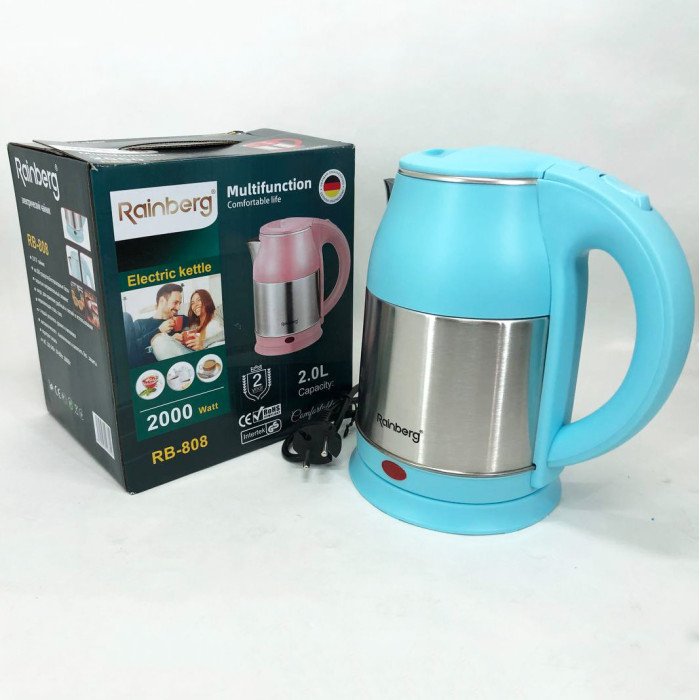 Електрочайник Rainberg RB-808 2 л нержавіюча сталь. Колір: блакитний
